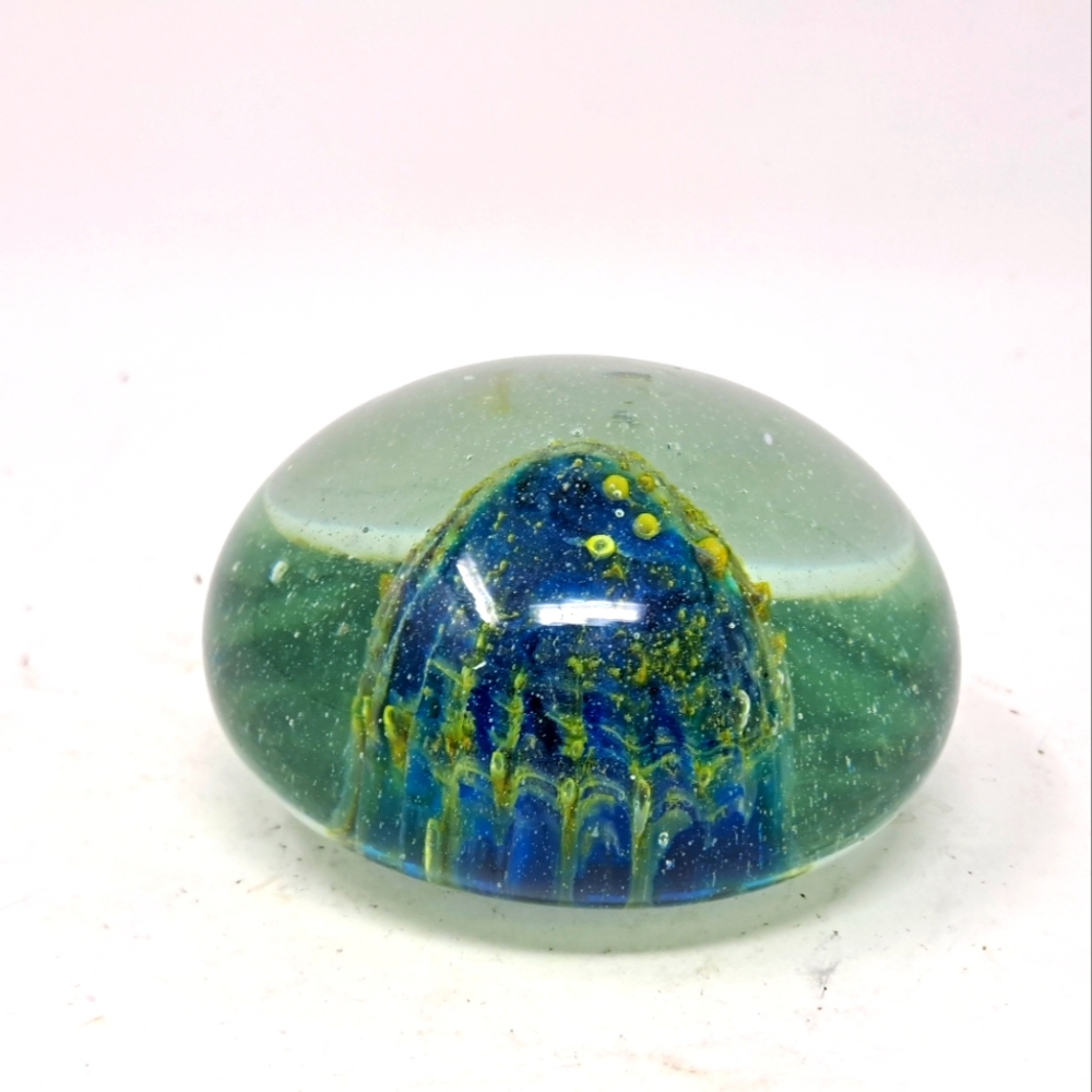 Art Glass Paper Weight Blue And Yellow Center